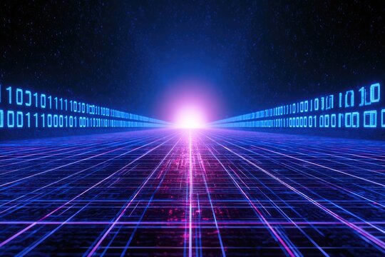 Digital stream of data flows into a bright, energetic light source
