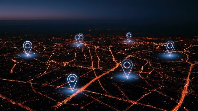 Glowing map markers pinpoint locations on a sprawling illuminated cityscape at dusk