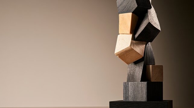 A precarious tower of assorted wooden blocks balanced against a muted backdrop