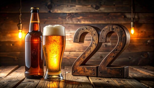 Rustic Beer Glass and Bottle with Number 22 &ndash; Birthday and Anniversary Illustration