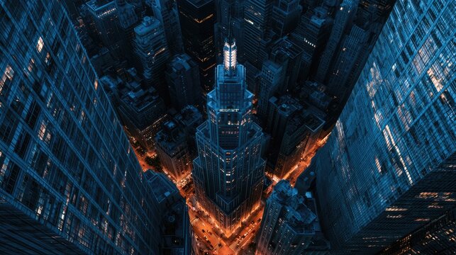 A towering city skyscraper at night, bathed in warm light and cool shadows