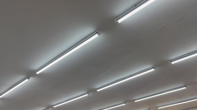 Modern fluorescent light tubes installation on industrial ceiling