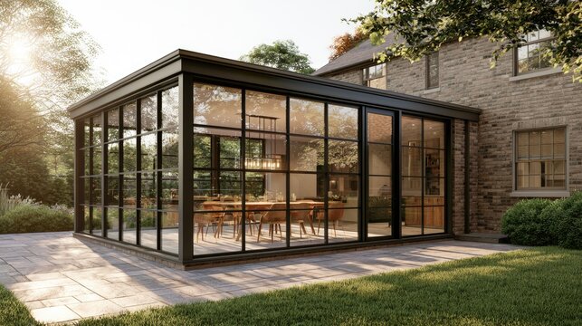 Modern glass room extension with elegant interior, bathed in sunlight
