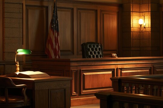Dimly lit courtroom with judge's bench, gavel, and flag, evoking justice