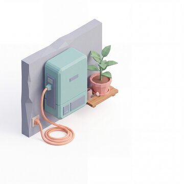 wall mounted home battery unit with cable next to potted houseplant isolated object isometric