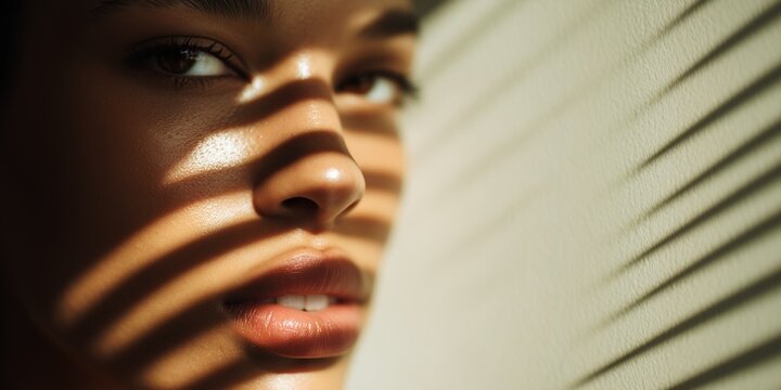 Beautiful young woman with glowing skin posing gracefully while natural light, sunlight creates artistic linear shadows lines across her face in this stunning and intimate close up portrait shot
