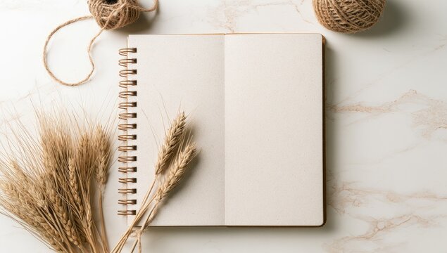 Open blank notebook surrounded by wheat stalks and twine on marble