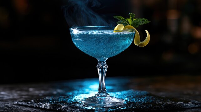 An atmospheric blue cocktail with steam rising, garnished with mint and lemon peel