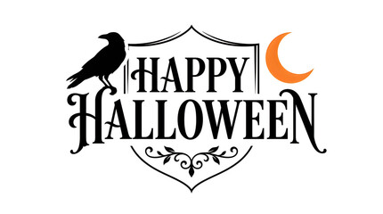 Happy Halloween typography design with a black raven and crescent moon illustration. © MD ACHADUL ISLAM