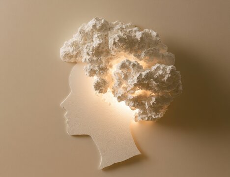 Silhouette of a head with a glowing cloud of thoughts emerging