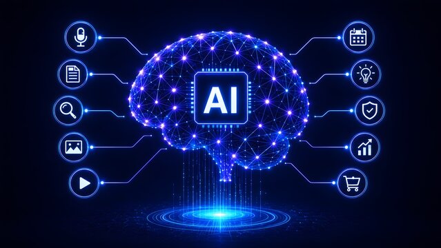 Glowing digital wireframe brain with an artificial intelligence microchip connecting to smart software application icons representing machine learning networks.
