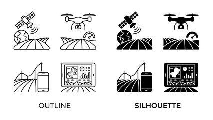 Fototapeta premium Smart Farming Technology Icons: A set of outline and silhouette icons illustrating smart farming concepts, including satellites, drones, a tablet, and a smartphone.