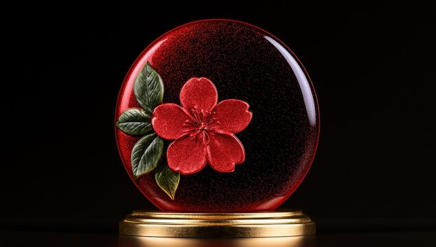 Exquisite red orb featuring a delicate red flower and green leaves on a gold stand