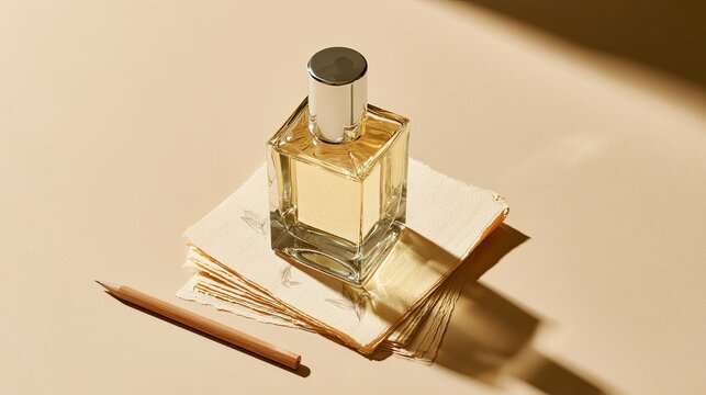 Elegant glass perfume bottle with golden liquid rests on stacked paper