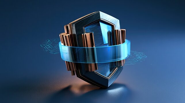 Futuristic geometric emblem with glowing blue band and copper accents