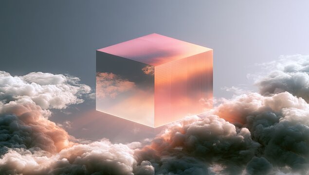 Ethereal cubic prism floats amidst glowing clouds at sunset, reflecting sky