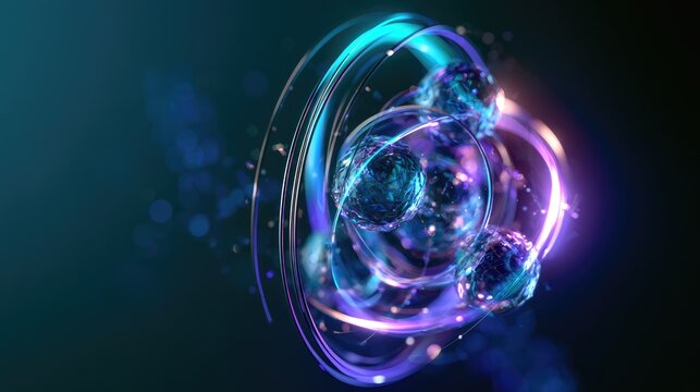 Abstract futuristic energy orb with glowing particles and orbits, dark background