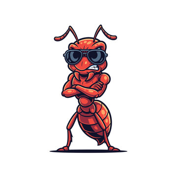 Cool muscular red ant mascot wearing sunglasses with arms crossed cartoon illustration