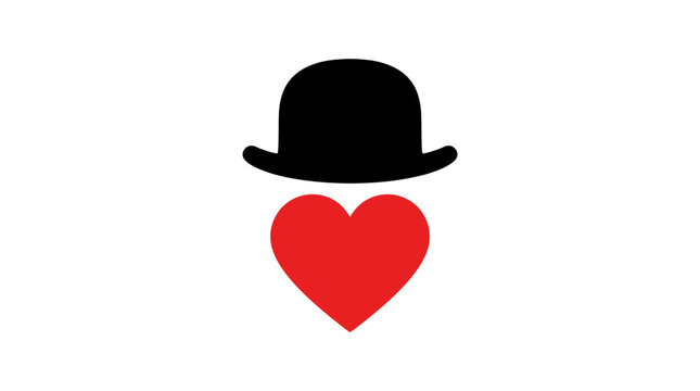 Minimalist vector illustration featuring a black bowler hat sitting directly above a vibrant red heart shape