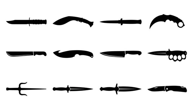 Silhouette vector collection of various sharp tactical blades and survival knives isolated on white background surface