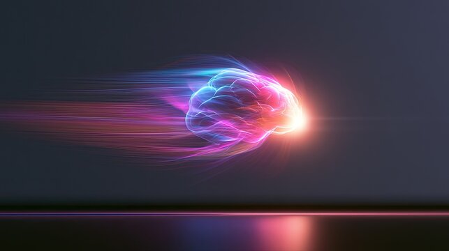Glowing abstract brain form with colorful streaks of light, representing thought or energy