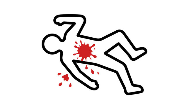 Minimalist vector graphic illustration of a chalk outline depicting a crime scene with red blood splatters