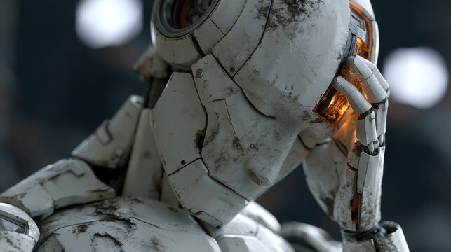 Worn white humanoid robot with visible cracks and internal orange lighting, seated in a dark industrial environment