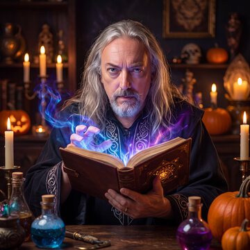 izard in a dark, candlelit library, casting a spell from an ancient grimoire.