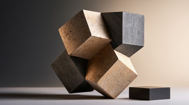 Interlocking geometric shapes with varied textures and subtle lighting