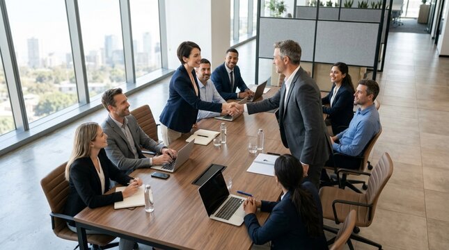 Business partners shaking hands at conference table with city view