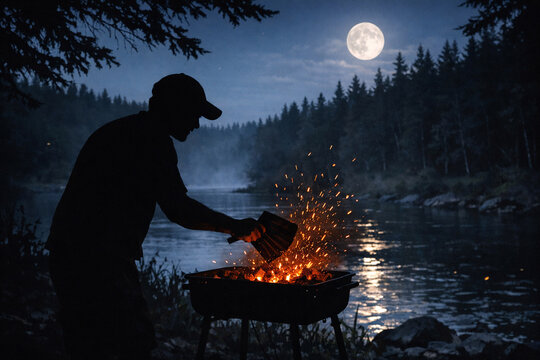 A person enjoying a night campfire by the lake, with sparks flying from the fire.