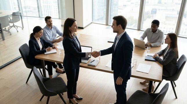 Business handshake in modern office, team meeting, agreement and success concept