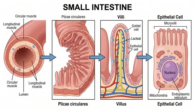 Medical Diagram of Small Intestine Layers and Cell Anatomy