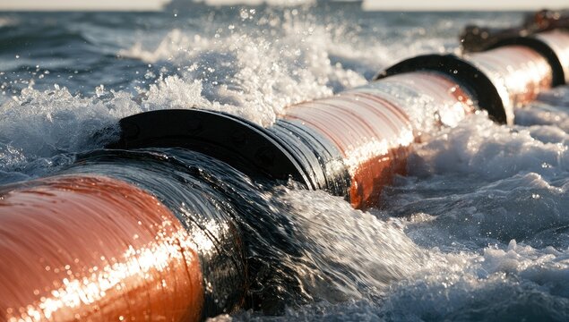 Large pipe sections submerged in churning ocean water,
