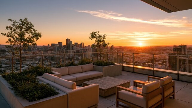 Upscale urban rooftop patio offers city views and tranquil sunset seating