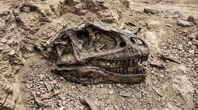 Fossilized Dinosaur Skull Embedded in Rock and Gravel Dirt