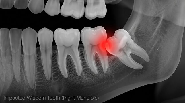Medical illustration of impacted wisdom tooth in human jaw