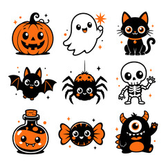 Naklejka premium Halloween Icons Set with Cute Ghosts, Pumpkins, Bats, Spiders, and Skeletons. Spooky Vector Illustrations for Festive Design, Halloween Party.