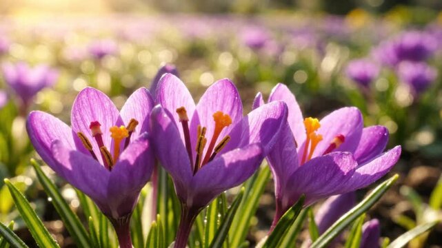 Purple crocus flowers blooming in a sunny garden, surrounded by soft greenery and colorful spring blossoms, creating a vibrant natural floral scene