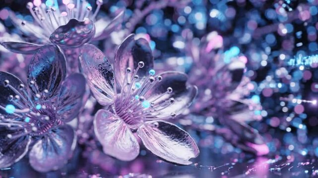 Delicate purple flowers with sparkling water droplets, illuminated by soft light, creating an enchanting botanical scene with dreamy bokeh and vibrant textures