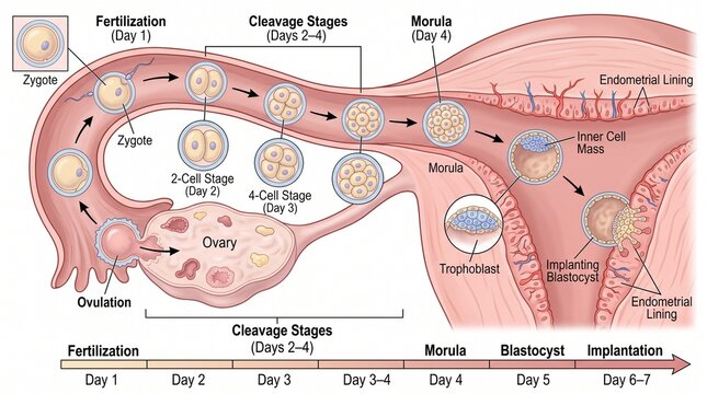 Early human embryonic development and uterine implantation diagram