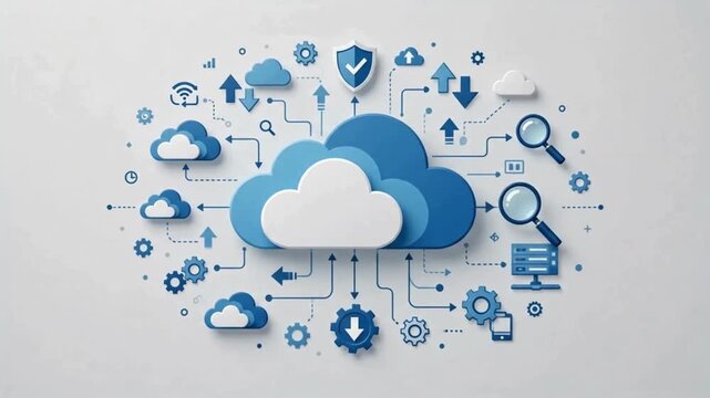 Cloud computing network security and data storage infrastructure with blue technology icons and digital connectivity symbols on white background