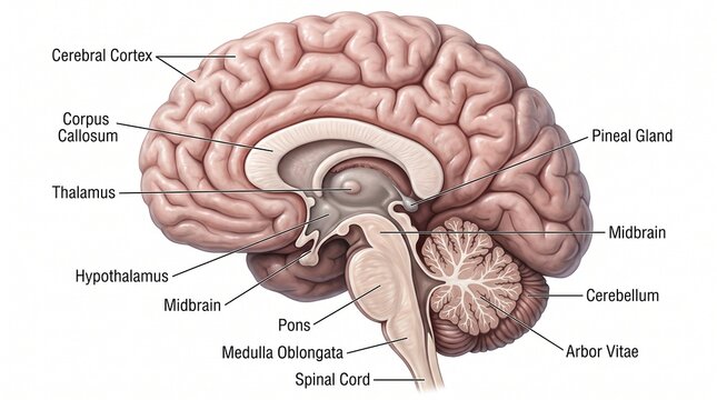Human Brain Sagittal Section with Anatomical Labels Medical Diagram