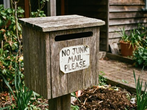 Wooden letterbox with no junk mail please sign and stack of newspapers