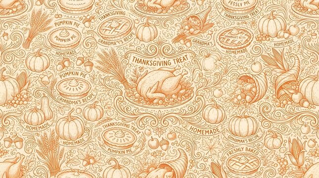 Thanksgiving seamless pattern with roasted turkey, pumpkin pie, cornucopia and harvest elements