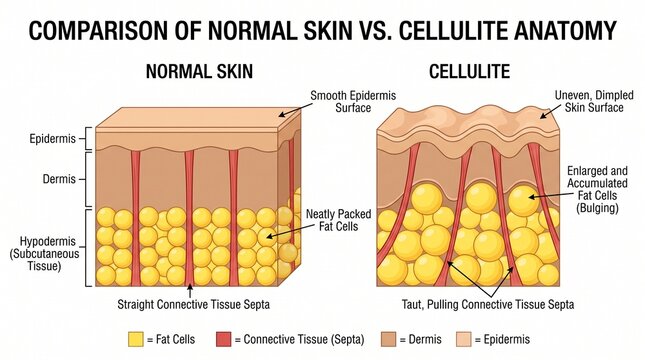 Normal skin vs cellulite anatomy medical cross section diagram