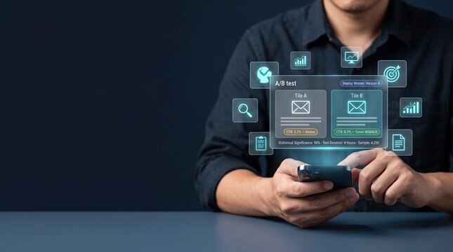 A B testing email marketing results on smartphone with holographic analytics dashboard, comparing campaign performance, click through rates and winning message with clean copy space