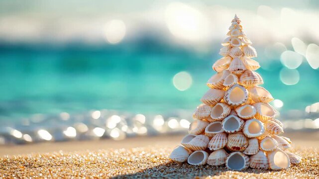 Seashells are arranged in the shape of a Christmas tree on a beach with waves in the background during the holiday season