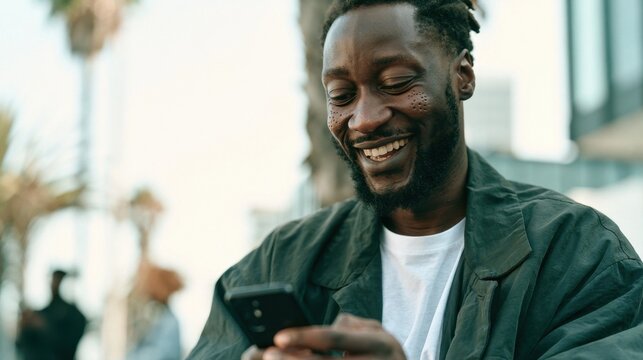 Young black man with a beard and dimples smiling while looking at his smartphone in an outdoor setting