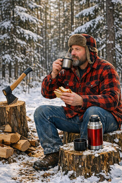 Man takes a break from winter hiking to enjoy warm food and coffee around a fire.